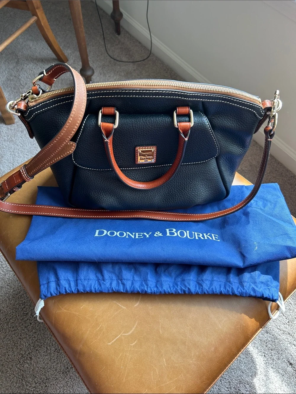 Dooney & Bourke Black Pebble Grain Leather Front Pocket Satchel with Brown Trim